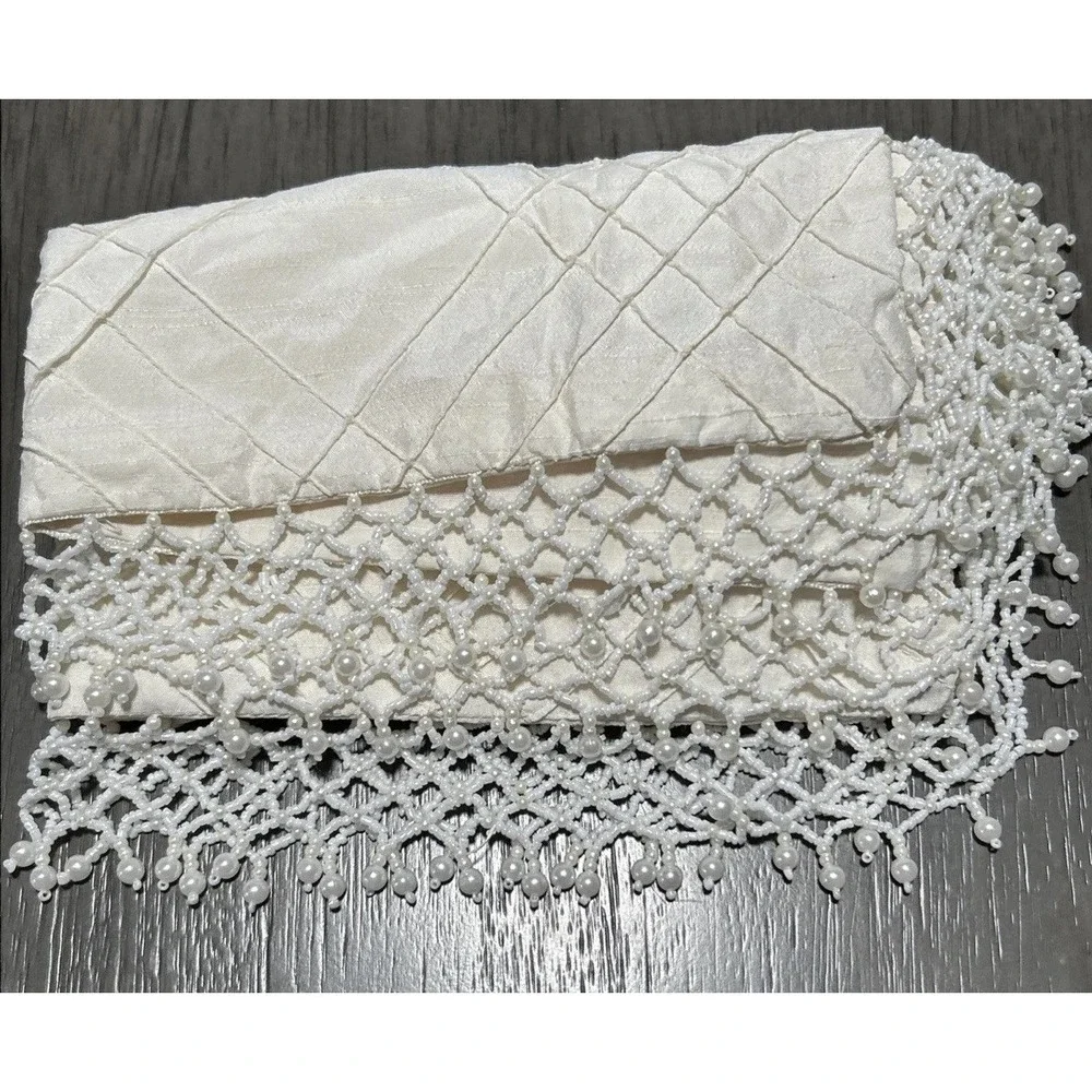 Throw Pillow Cover ONLY Beaded Pearly Dangly Satiny Off White Crocheted Trim 18
